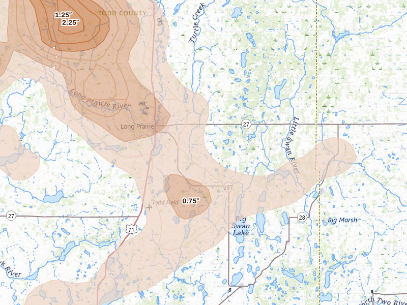 Radar-estimated hail-size map of the storm over Long Prairie, MN on Jul 4, 2026
