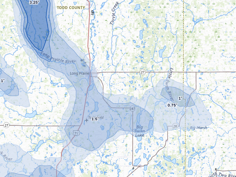 NEXRAD radar-signature map of the hail over Long Prairie, MN