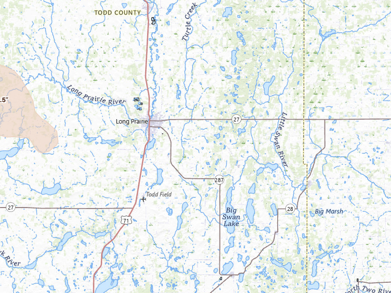 Radar-estimated hail-size map of the storm over Long Prairie, MN on Jul 6, 2026