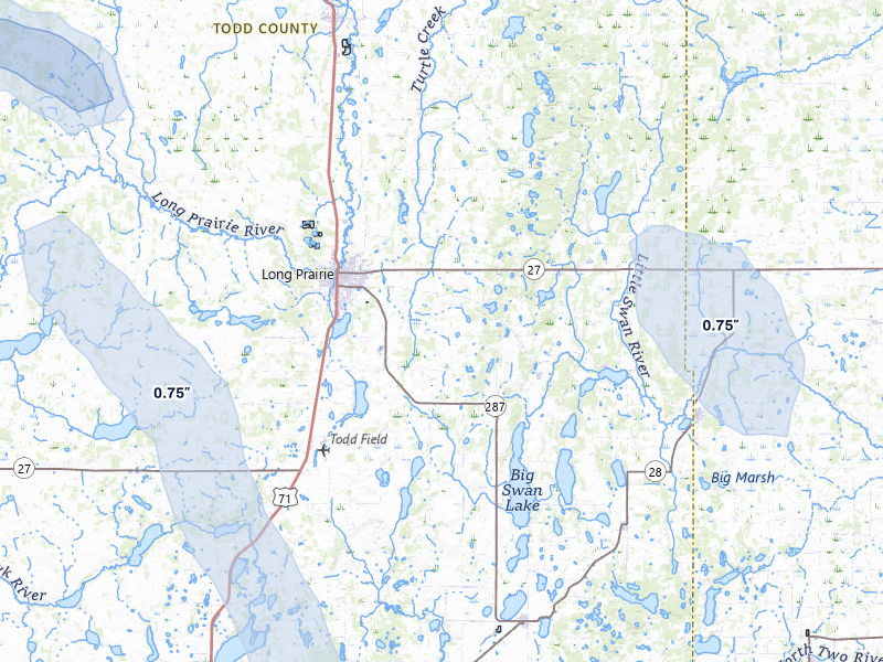 NEXRAD radar-signature map of the hail storm over Long Prairie, MN on Jul 6, 2026