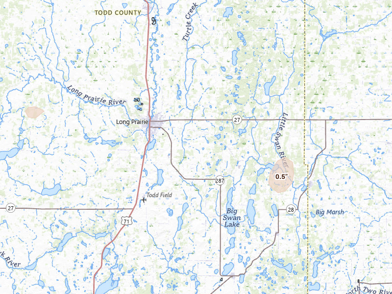Radar-estimated hail-size map of the storm over Long Prairie, MN on Jul 7, 2026