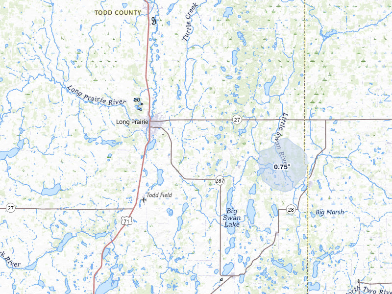 NEXRAD radar-signature map of the hail storm over Long Prairie, MN on Jul 7, 2026