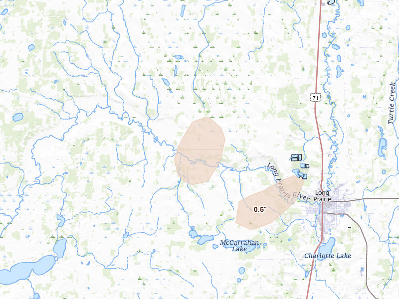 Radar-estimated hail-size map of the storm over Long Prairie, MN on Aug 17, 2026