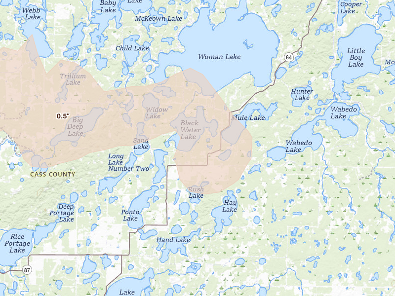 Radar-estimated hail-size map of the storm over Longville, MN on Jun 4, 2026