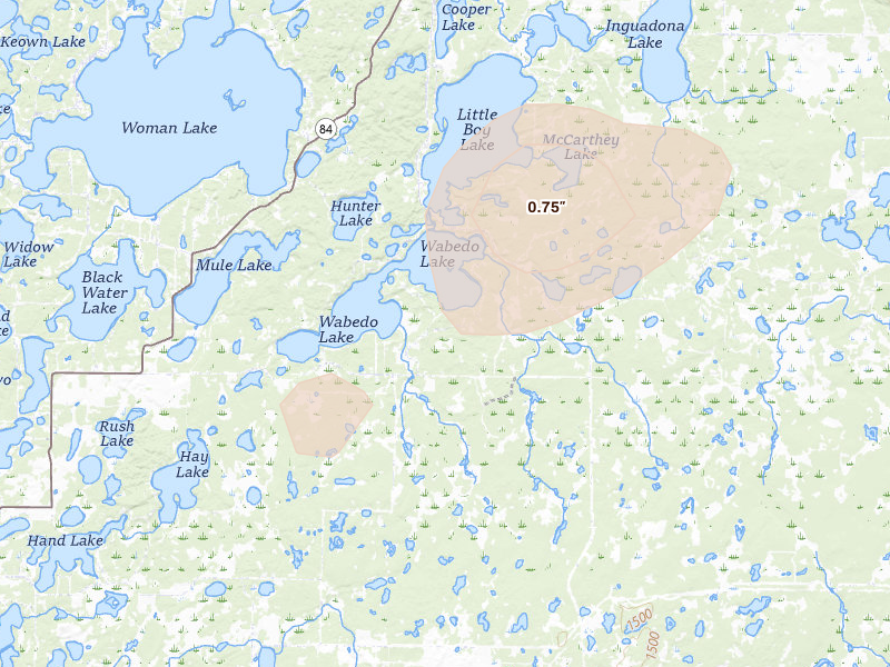 Radar-estimated hail-size map of the storm over Longville, MN on Aug 3, 2026