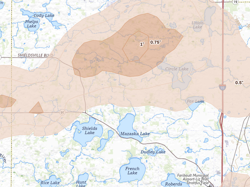 Radar-estimated hail-size map of the storm over Lonsdale, MN on Apr 13, 2026