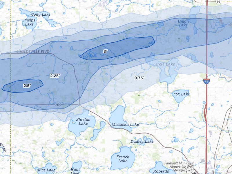 NEXRAD radar-signature map of the hail over Lonsdale, MN