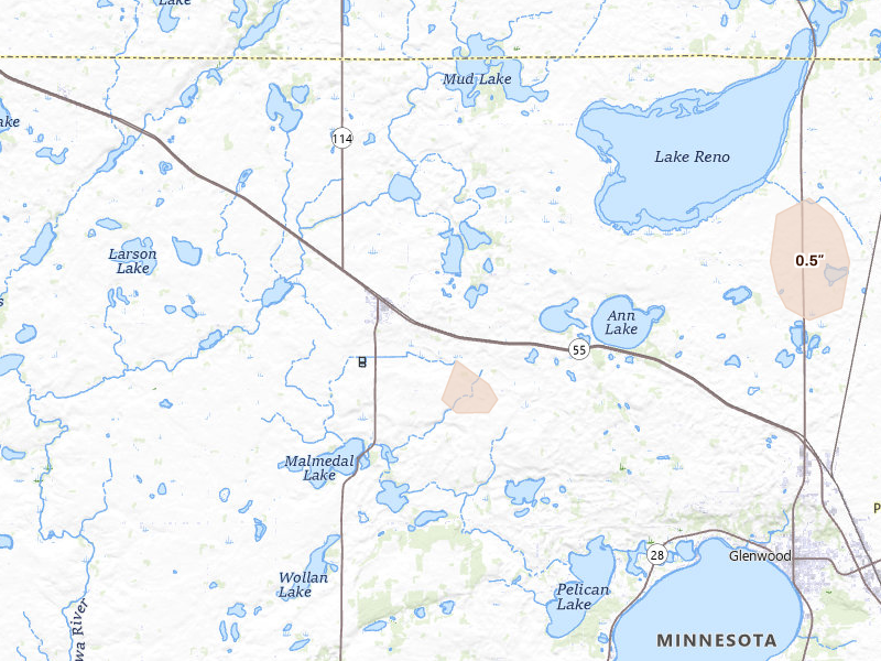 Radar-estimated hail-size map of the storm over Lowry, MN on Jun 7, 2026
