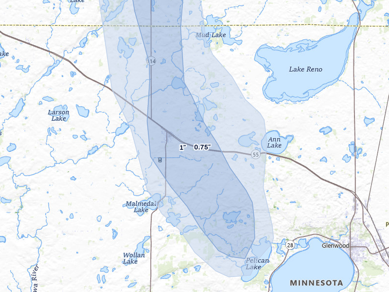NEXRAD radar-signature map of the hail storm over Lowry, MN on Jun 7, 2026