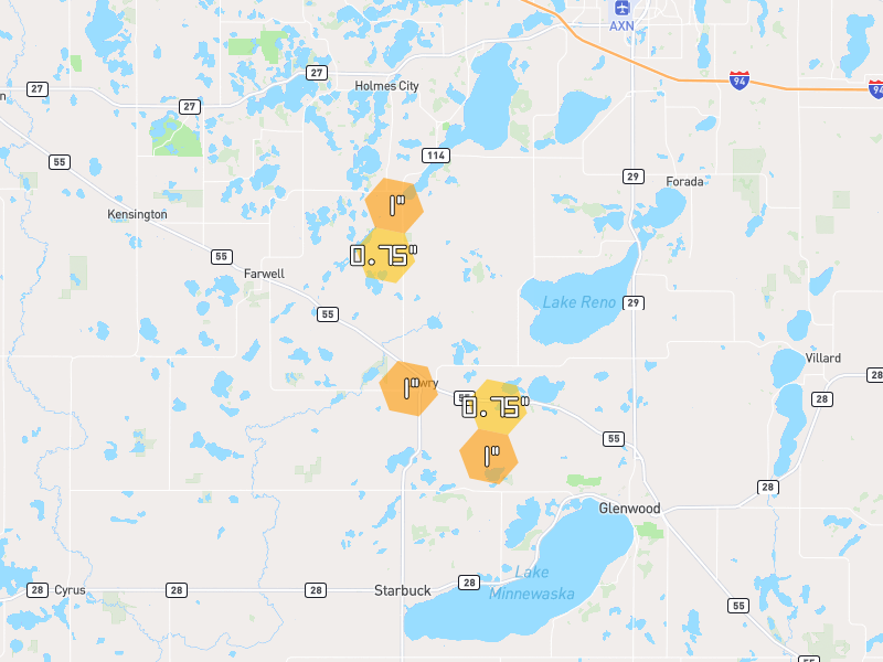 Hail map of Lowry, MN on Jun 7, 2026, hail up to 1"