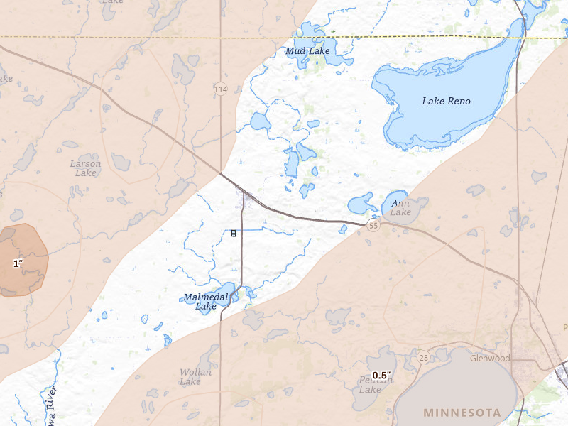 Radar-estimated hail-size map of the storm over Lowry, MN on Jun 29, 2026