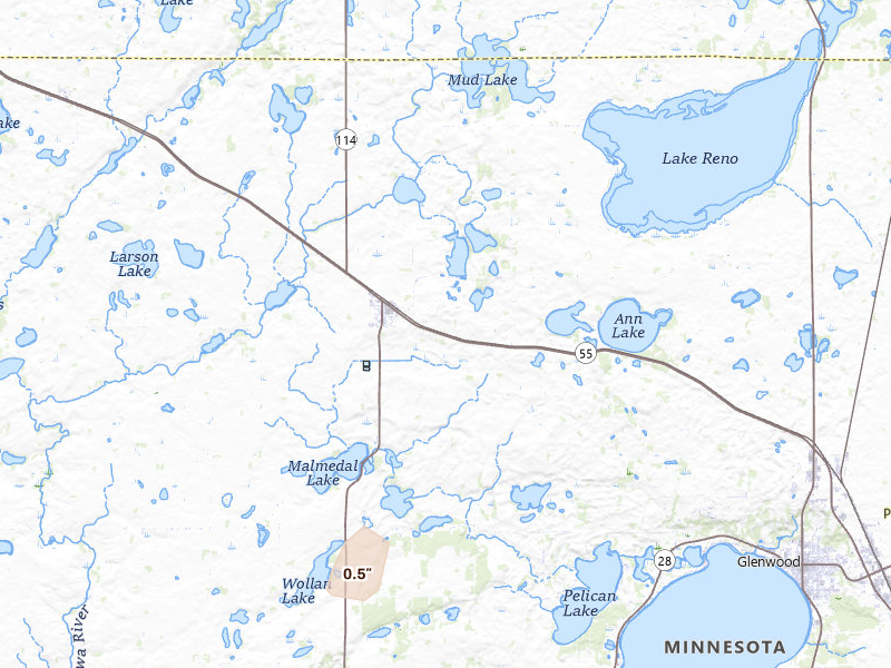 Radar-estimated hail-size map of the storm over Lowry, MN on Jul 6, 2026