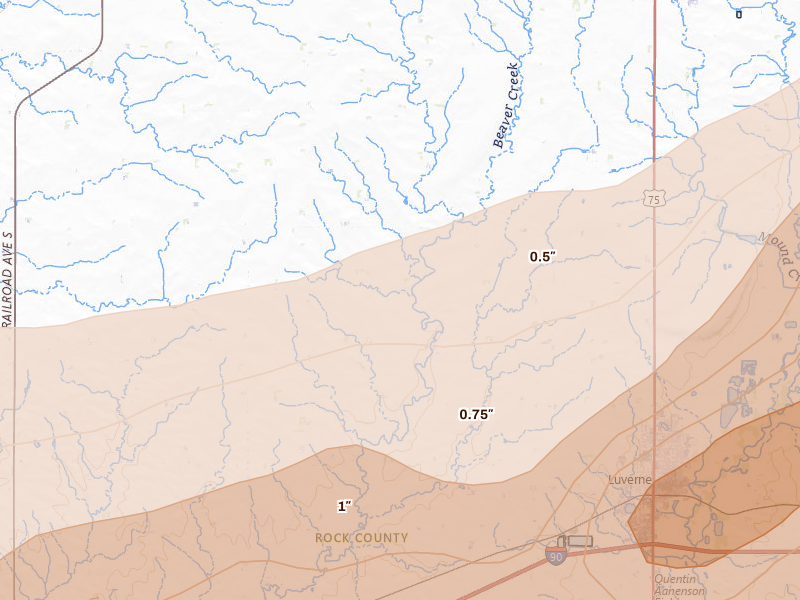 Radar-estimated hail-size map of the storm over Luverne, MN on May 17, 2026
