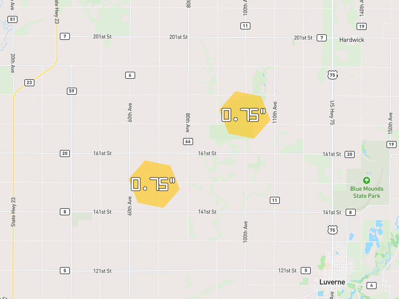 Hail map of Luverne, MN on Jun 30, 2026, hail up to 0.75"