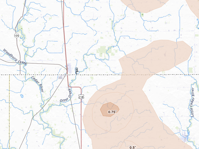 Radar-estimated hail-size map of the storm over Lyle, MN on May 26, 2026
