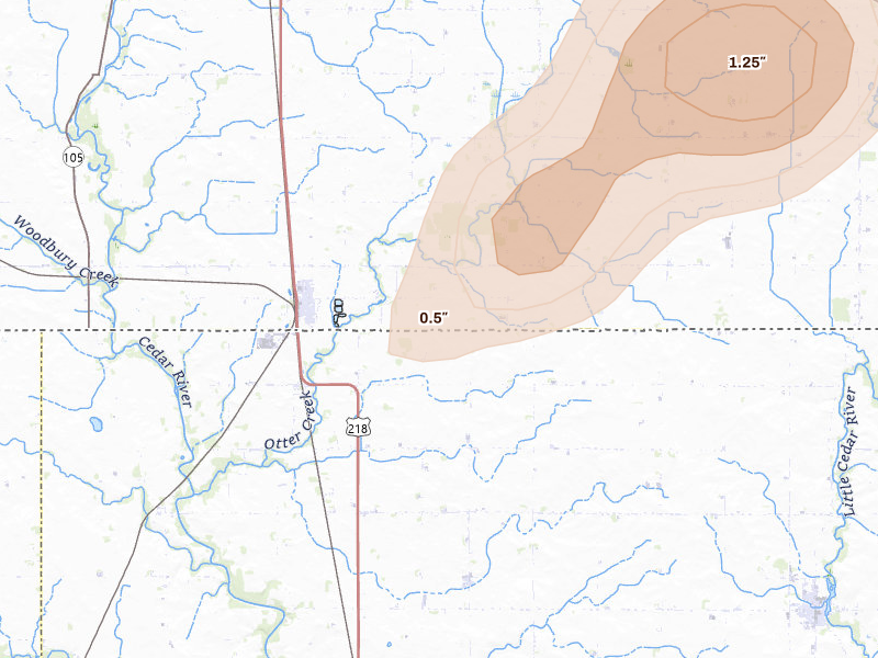 Radar-estimated hail-size map of the storm over Lyle, MN on Jun 30, 2026