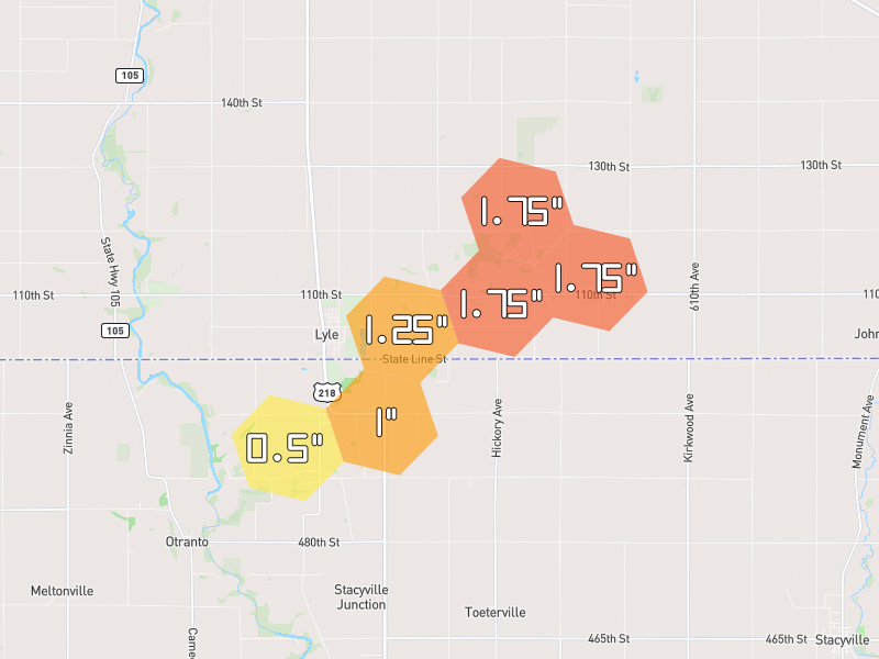 Hail map of Lyle, MN on Jul 1, 2026, hail up to 1.75"