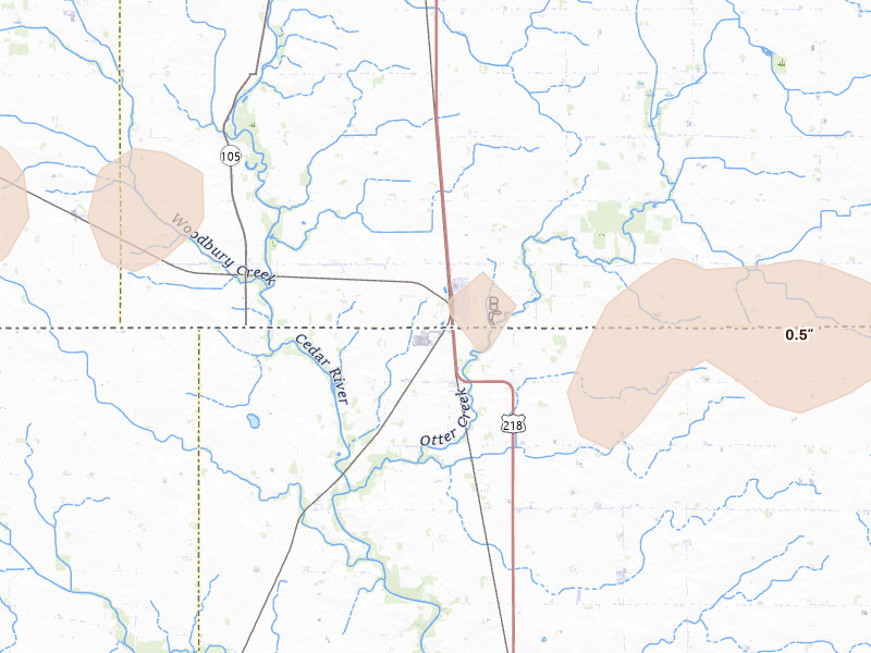 Radar-estimated hail-size map of the storm over Lyle, MN on Aug 20, 2026