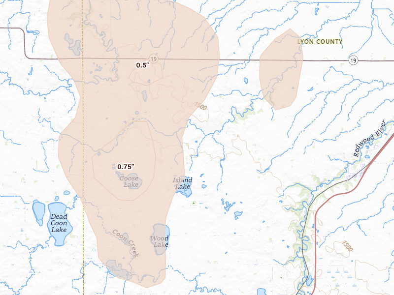 Radar-estimated hail-size map of the storm over Lynd, MN on Jun 9, 2026