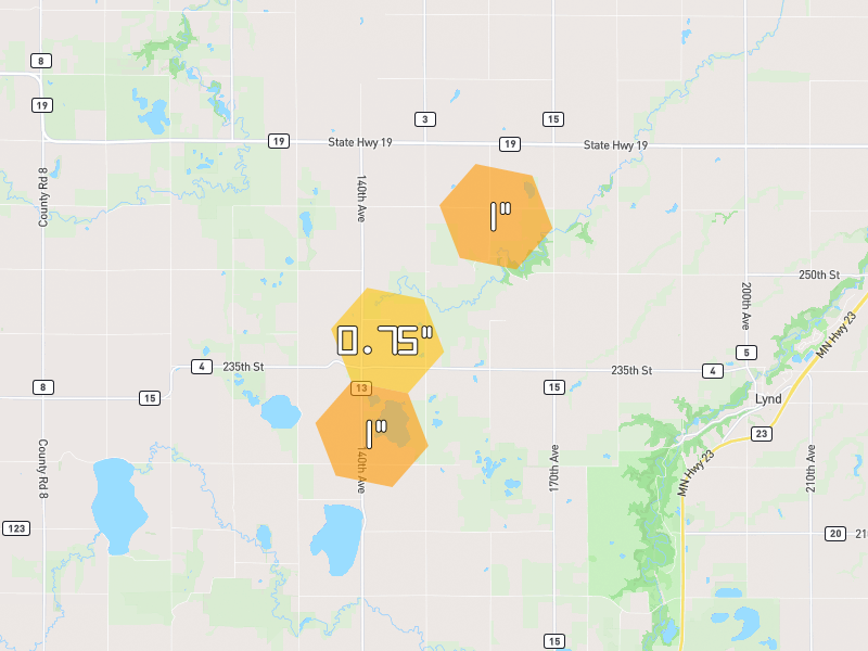 Hail map of Lynd, MN on Jun 30, 2026, hail up to 1"