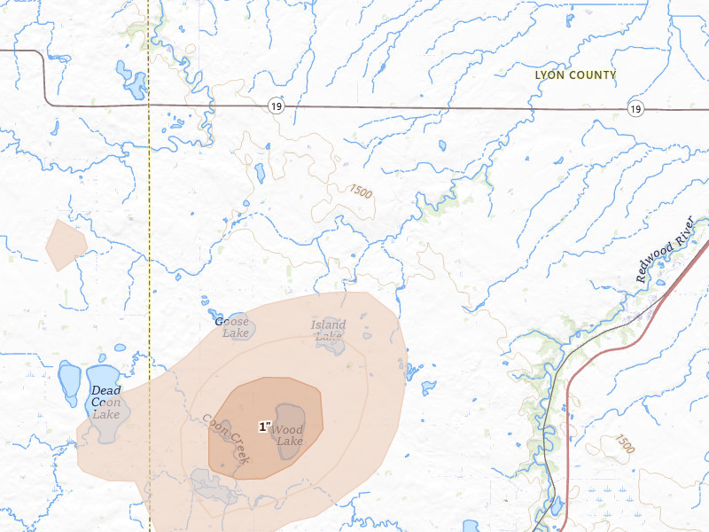 Radar-estimated hail-size map of the storm over Lynd, MN on Jul 4, 2026