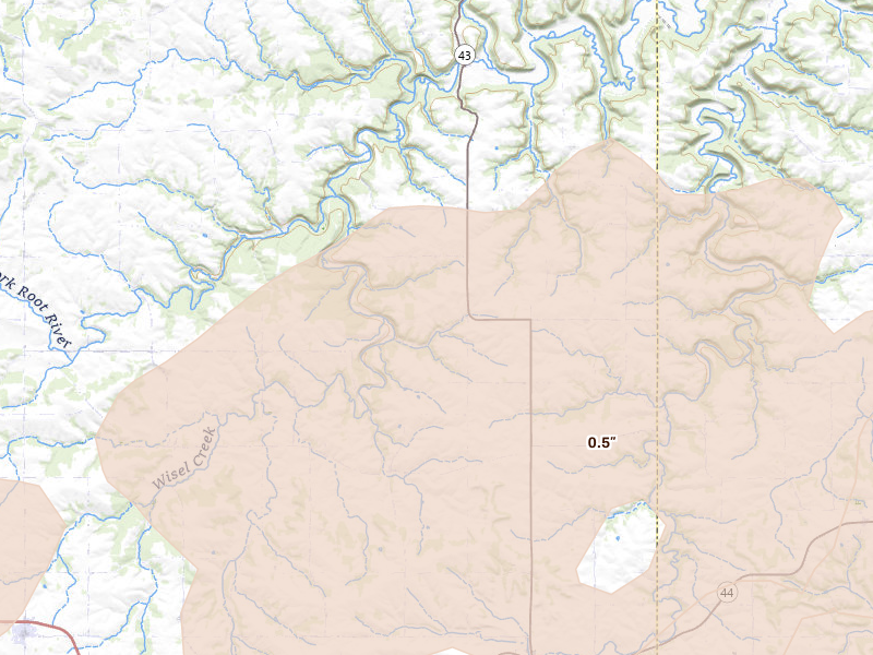 Radar-estimated hail-size map of the storm over Mabel, MN on Jul 1, 2026