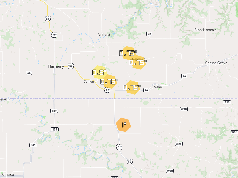 Hail map of Mabel, MN on Jul 1, 2026, hail up to 1"
