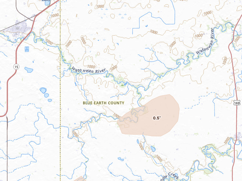 Radar-estimated hail-size map of the storm over Madelia, MN on Mar 6, 2026