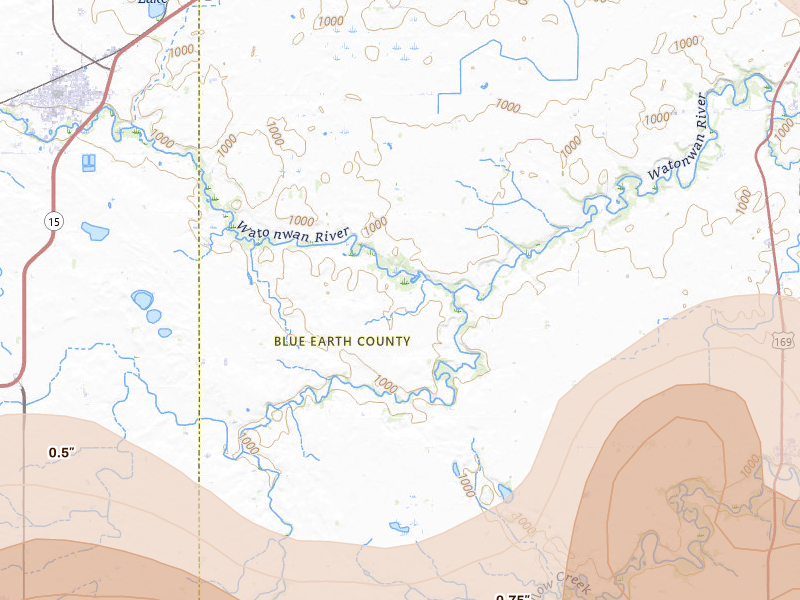 Radar-estimated hail-size map of the storm over Madelia, MN on Apr 13, 2026