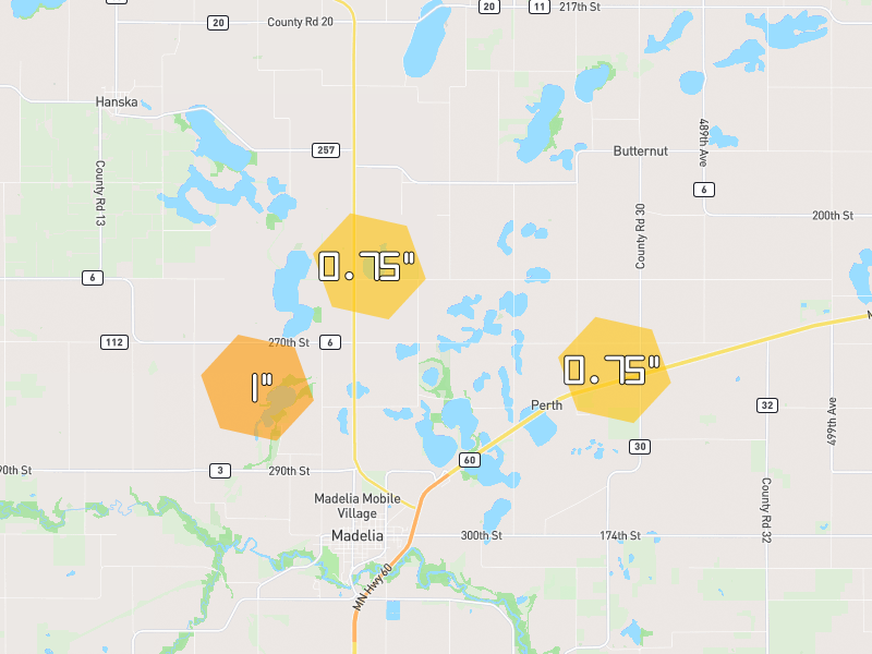 Hail map of Madelia, MN on Jul 3, 2026, hail up to 1"