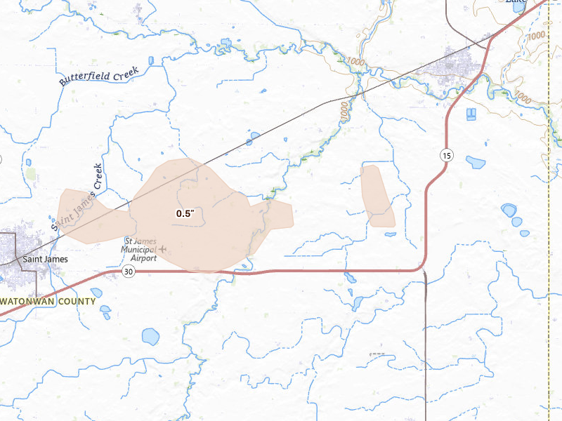 Radar-estimated hail-size map of the storm over Madelia, MN on Aug 7, 2026