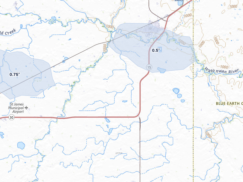 NEXRAD radar-signature map of the hail storm over Madelia, MN on Aug 7, 2026