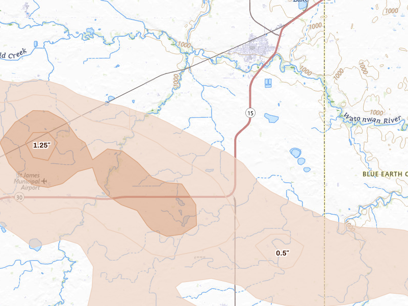 Radar-estimated hail-size map of the storm over Madelia, MN on Aug 8, 2026