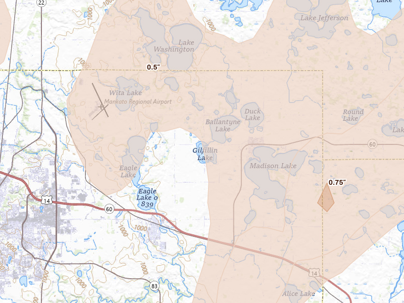 Radar-estimated hail-size map of the storm over Madison Lake, MN on Apr 17, 2026