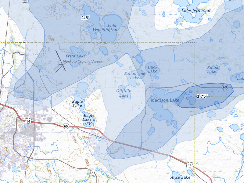 NEXRAD radar-signature map of the hail over Madison Lake, MN