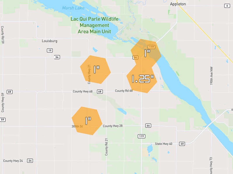 Hail map of Madison, MN on Jun 4, 2026, hail up to 1.25"