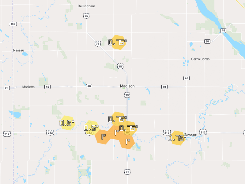 Hail map of Madison, MN on Jun 5, 2026, hail up to 1"