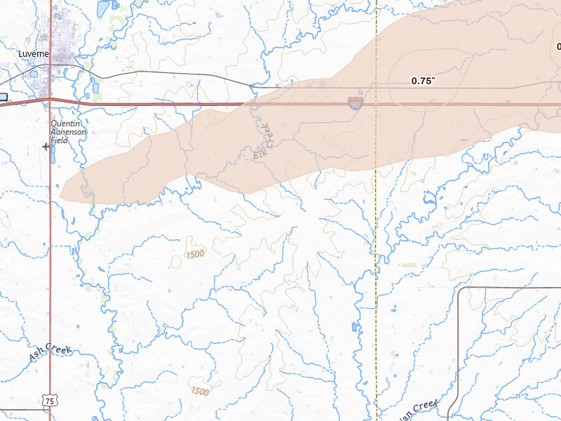 Radar-estimated hail-size map of the storm over Magnolia, MN on Apr 13, 2026