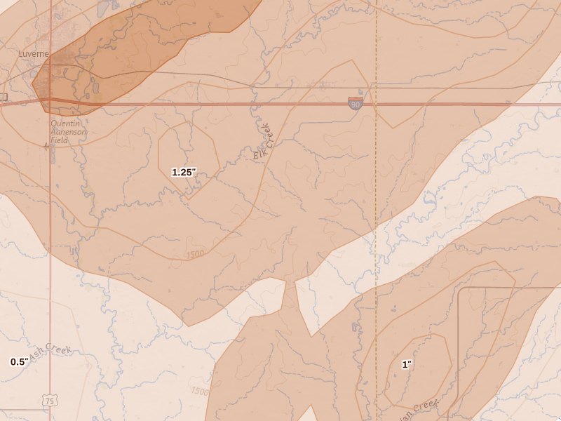 Radar-estimated hail-size map of the storm over Magnolia, MN on May 17, 2026