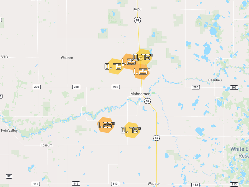 Hail map of Mahnomen, MN on Jul 4, 2026, hail up to 1.25"