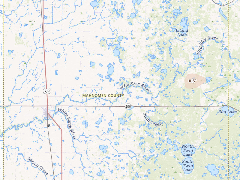 Radar-estimated hail-size map of the storm over Mahnomen, MN on Jul 30, 2026