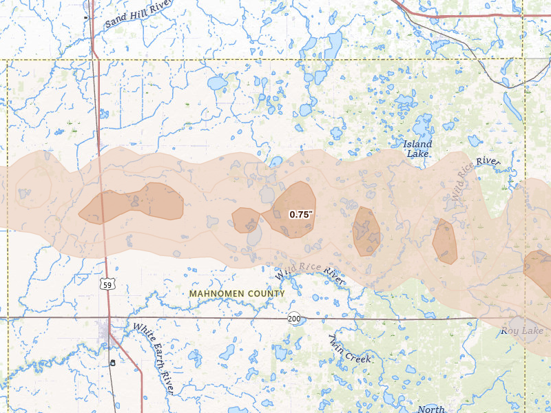 Radar-estimated hail-size map of the storm over Mahnomen, MN on Aug 6, 2026