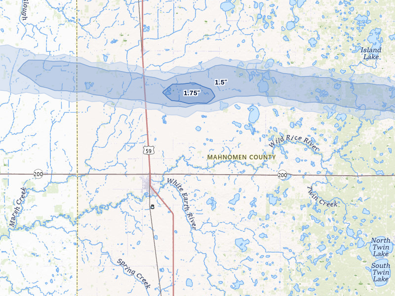 NEXRAD radar-signature map of the hail storm over Mahnomen, MN on Aug 6, 2026
