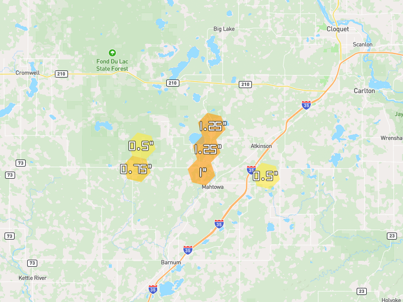 Hail map of Mahtowa, MN on Jun 30, 2026, hail up to 1.25"