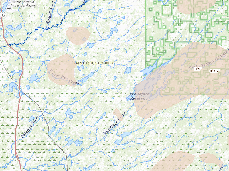 Radar-estimated hail-size map of the storm over Makinen, MN on Jun 29, 2026