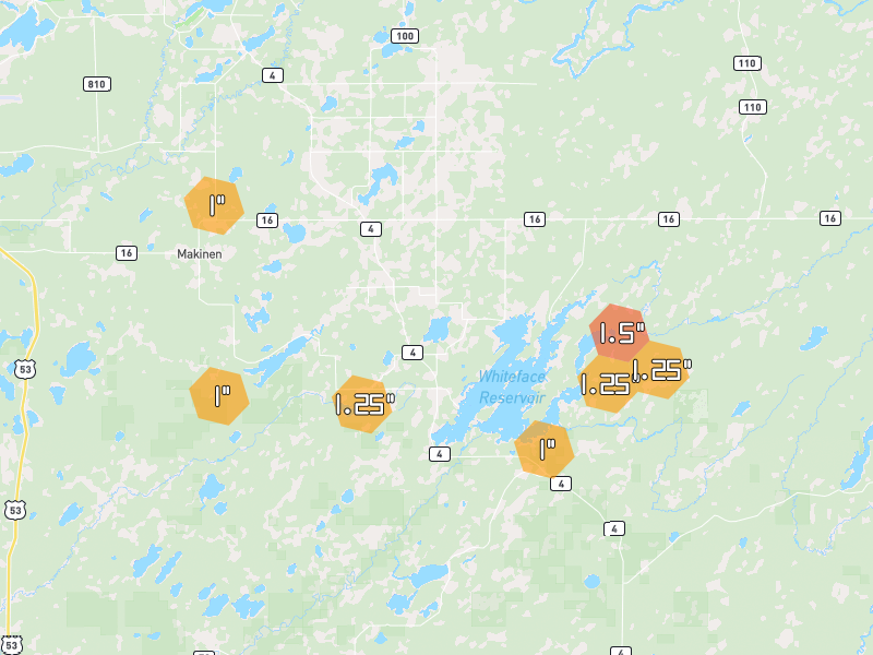 Hail map of Makinen, MN on Jun 29, 2026, hail up to 1.5"