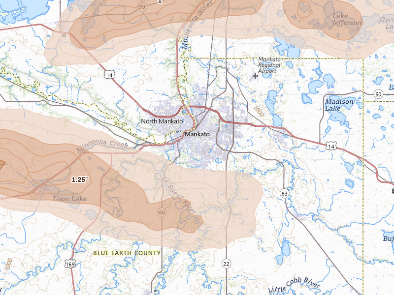 Radar-estimated hail-size map of the storm over Mankato, MN on Apr 13, 2026