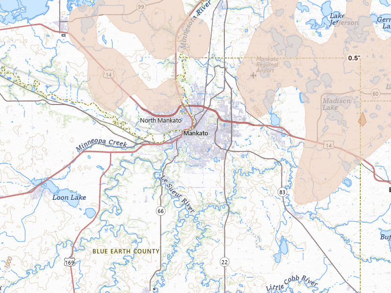 Radar-estimated hail-size map of the storm over Mankato, MN on Apr 17, 2026