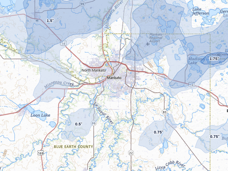 NEXRAD radar-signature map of the hail over Mankato, MN