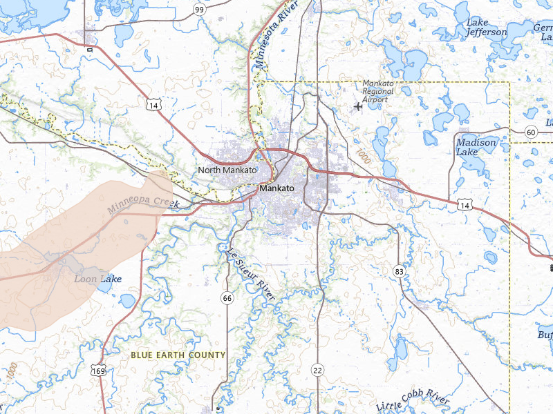 Radar-estimated hail-size map of the storm over Mankato, MN on Apr 23, 2026